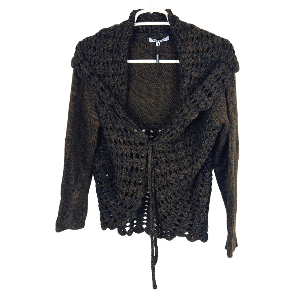 Brown and black crochet tie front short cardigan Y2K fall grandma